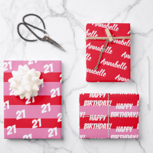 21st Happy Birthday Pink Red Add Name Pattern Wrapping Paper Sheet