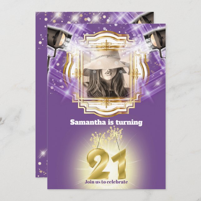 21st Hollywood VIP photo purple lights movie star Invitation (Front/Back)