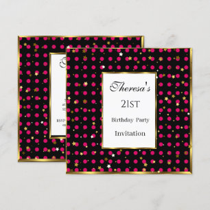 21st Hot Pink Polka Dots Gold Stars Birthday Invitation