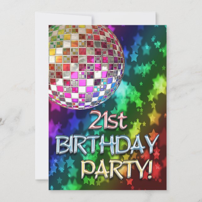 21st invitation with disco ball and rainbow stars (Front)