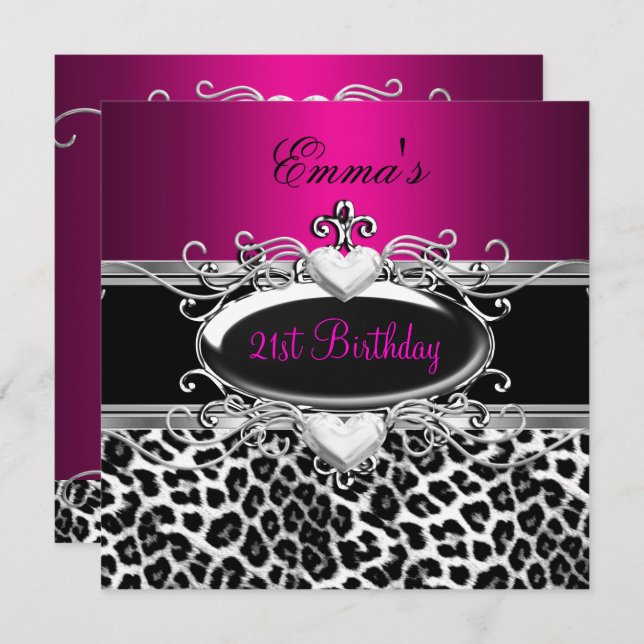 21st Party Silver Pink Black White Leopard Invitation (Front/Back)
