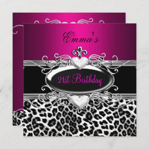 21st Party Silver Pink Black White Leopard Invitation