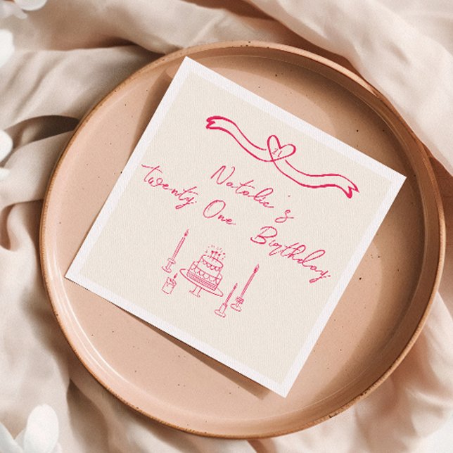 21st Pink Hand Written Drawn Cake Bow Birthday Napkin (Creator Uploaded)