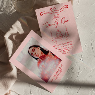 21st Pink Red Cake Hello Twenty One Photo Birthday Invitation