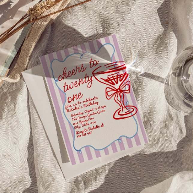 21st Red Hand Drawn Champagne Glass Fun Birthday  Invitation (Creator Uploaded)