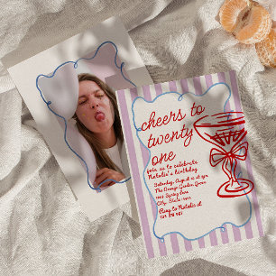 21st Red Hand Drawn Champagne Glass Photo Birthday Invitation