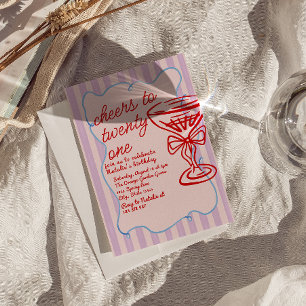 21st Red Pink Hand Drawn Champagne Glass Birthday  Invitation
