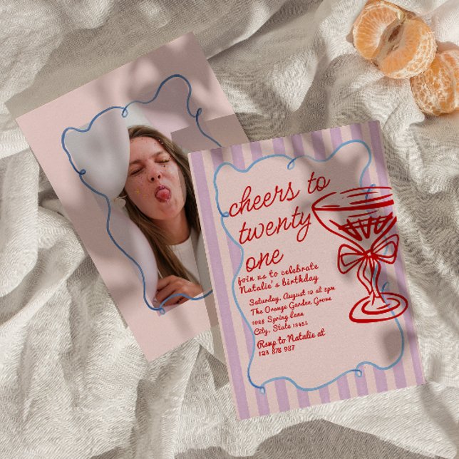 21st Red Pink Hand Drawn Champagne Photo Birthday  Invitation (Creator Uploaded)