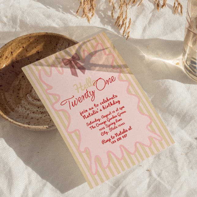 21st Retro Hand Painted Bow Wavy Frame Birthday  Invitation (Creator Uploaded)
