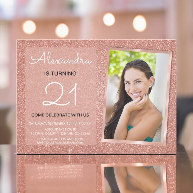 21st Sparkle Rose Gold Blush Pink Photo Invitation (Creator Uploaded)