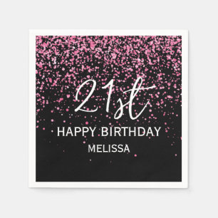 21st Sparkling Hot Pink Glitter Black Birthday Napkin