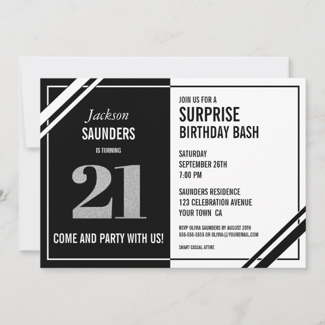 21st Surprise Birthday Bash Modern Black and White Invitation (Front)