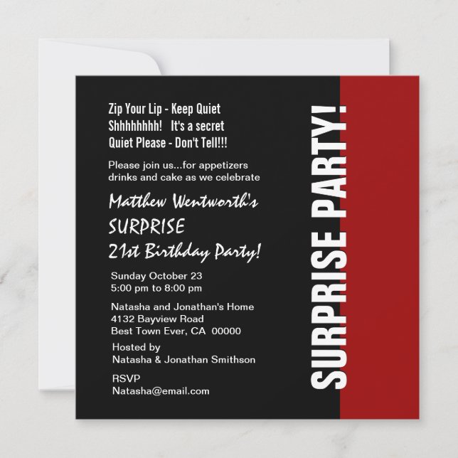 21st SURPRISE Birthday Modern Black Red White W925 Invitation (Front)
