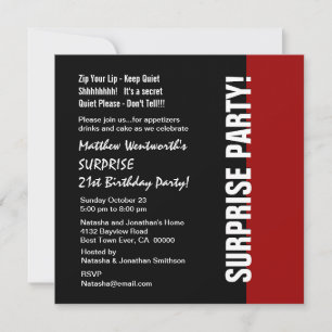 21st SURPRISE Birthday Modern Black Red White W925 Invitation