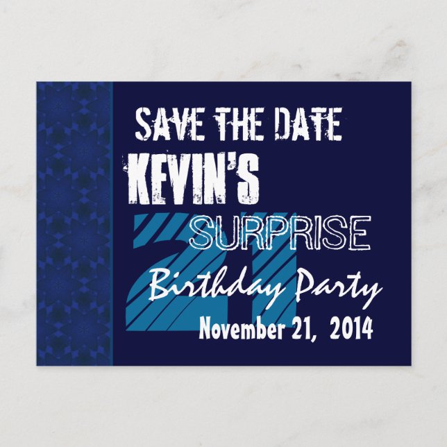 21st Surprise Birthday Save the Date Blue Pattern Announcement Postcard (Front)