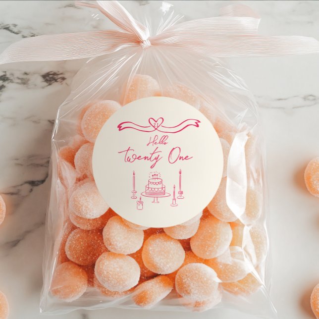 21st Vivid Pink Hand Drawn Cake Candles Birthday  Classic Round Sticker (Creator Uploaded)