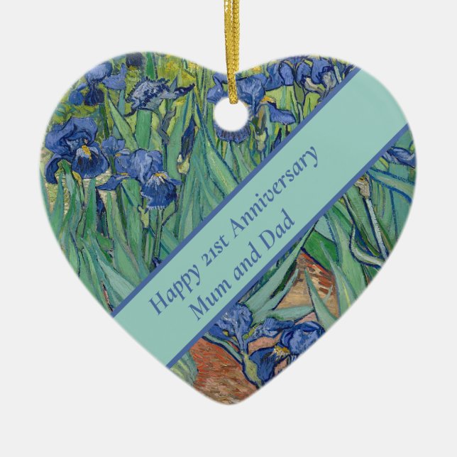 21st Wedding Anniversary blue Iris Flower Ceramic Ornament (Front)
