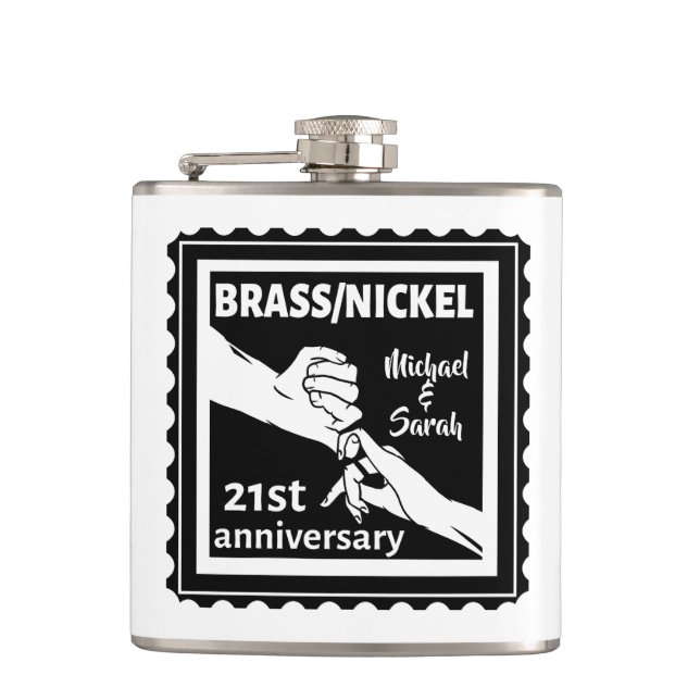 21st wedding anniversary brass nickel traditional hip flask (Front)
