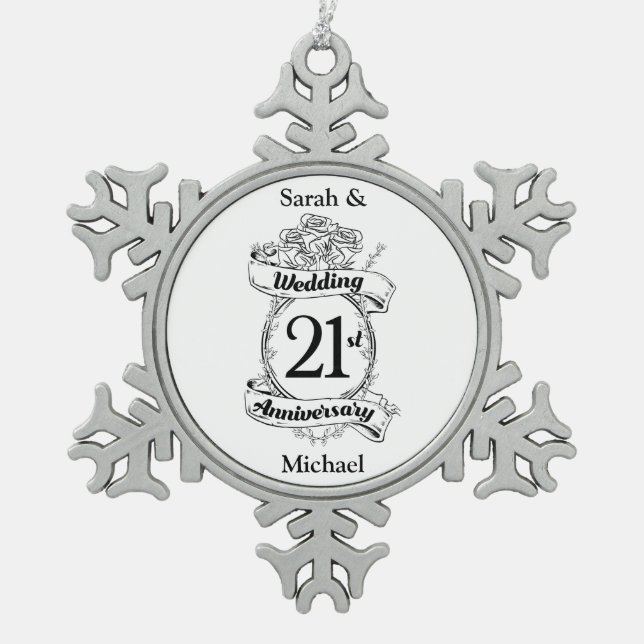 21st Wedding Anniversary Flowers Snowflake Pewter Christmas Ornament (Front)