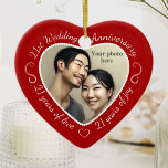 21st Wedding Anniversary Photo Ceramic Ornament<br><div class="desc">Celebrate a 21st happy year of marriage with a custom photo ornament in a delightful heart shape frame. Simply upload your own photo of the married couple and it will appear in the cutout. The red surround features a white script font and decorations. The words are: 21st Wedding Anniversary -...</div>