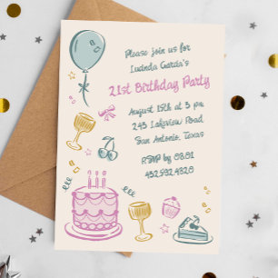 21st Whimsical Doodle Hand Drawn Birthday Party Invitation
