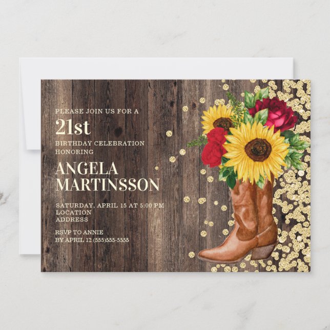 21stBirthday Rustic Wood Boots Sunflower Red Rose  Invitation (Front)