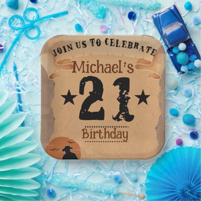 21Th Birthday Cowboy Wild  West  Old Paper Paper Plate (Party)