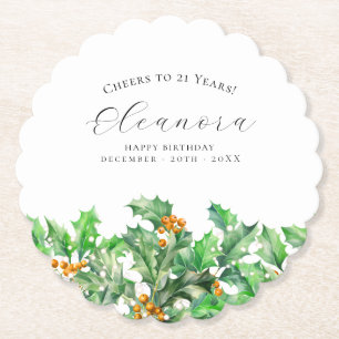 21th Birthday December Birth Flower Holly Custom Paper Coaster