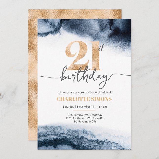 21th birthday invitation Navy watercolor and gold (Front/Back)