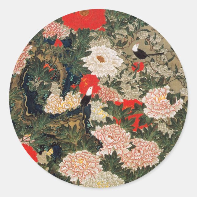 22. 牡丹小禽図, 若冲 Peonies & Small Birds, Jakuchū Classic Round Sticker (Front)