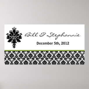 22.5"x7.5" Personalised Banner Black Green Damask Poster