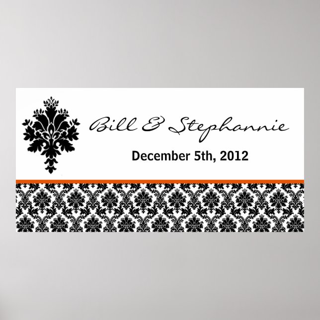 22.5"x7.5" Personalised Banner Black Orange Damask Poster (Front)