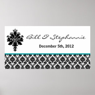 22.5"x7.5" Personalised Banner Black Teal Damask Poster