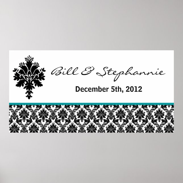 22.5"x7.5" Personalised Banner Black Teal Damask Poster (Front)