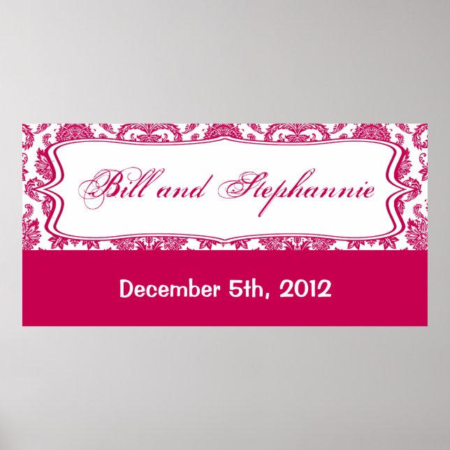 22.5"x7.5" Personalised Banner Fusia White Damask Poster (Front)