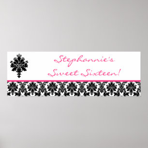 22.5"x7.5" Personalised Banner Hot Pink Damask Poster