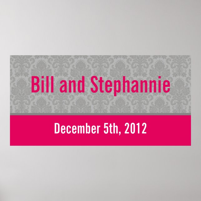 22.5"x7.5" Personalised Banner Modern Grey Damask Poster (Front)