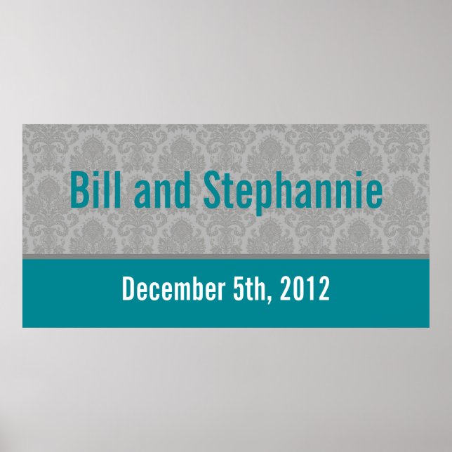 22.5"x7.5" Personalised Banner Modern Grey Damask Poster (Front)