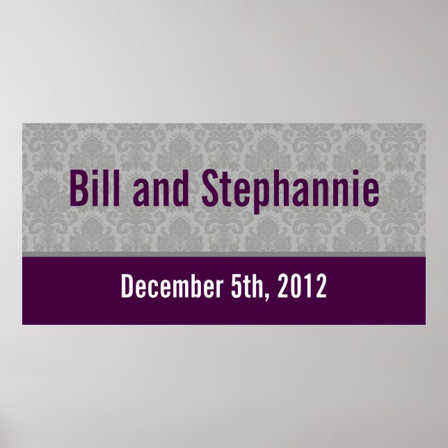 22.5"x7.5" Personalised Banner Modern Grey Damask Poster (Front)