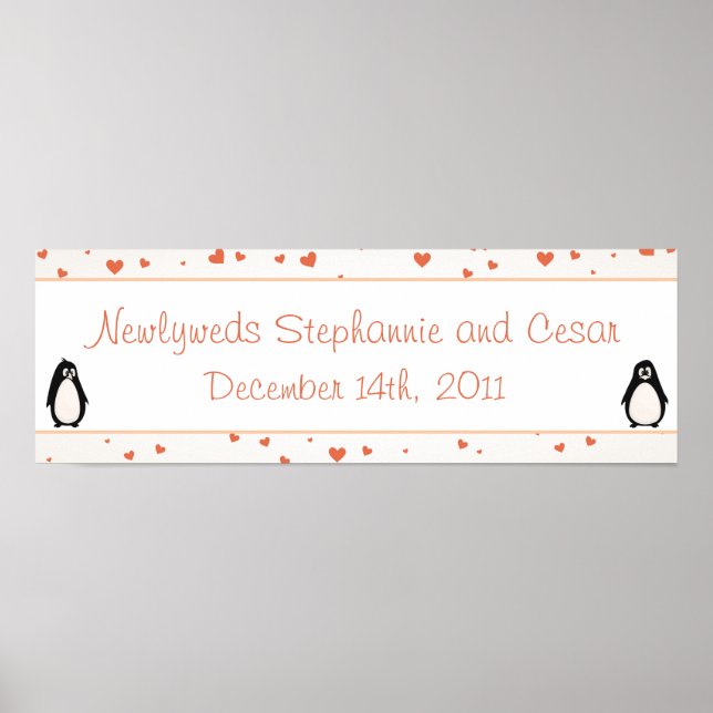 22.5"x7.5" Personalised Banner Penguin Love/Hearts Poster (Front)
