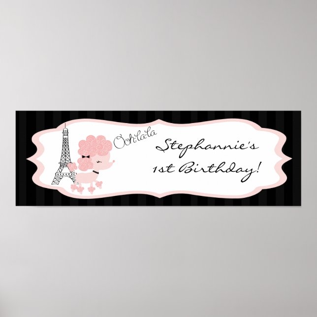 22.5"x7.5" Personalised Banner Pink Poodle Paris Poster (Front)