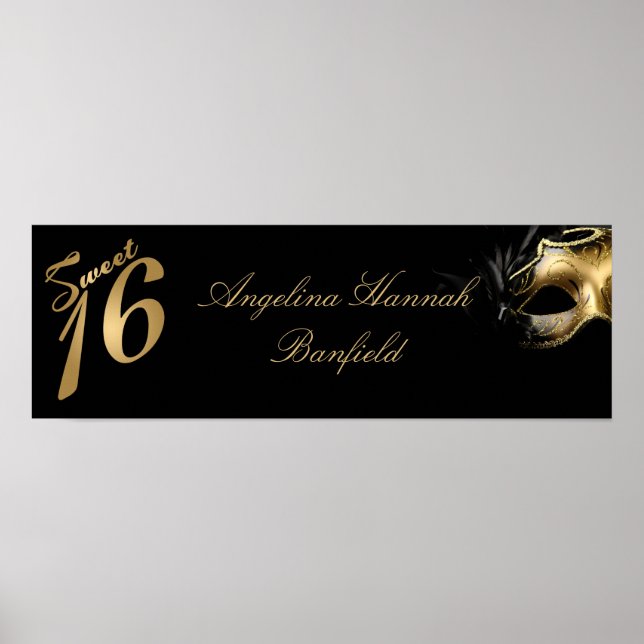 22.5"x7.5" Personalised Banner Sweet 16 Gold Poster (Front)