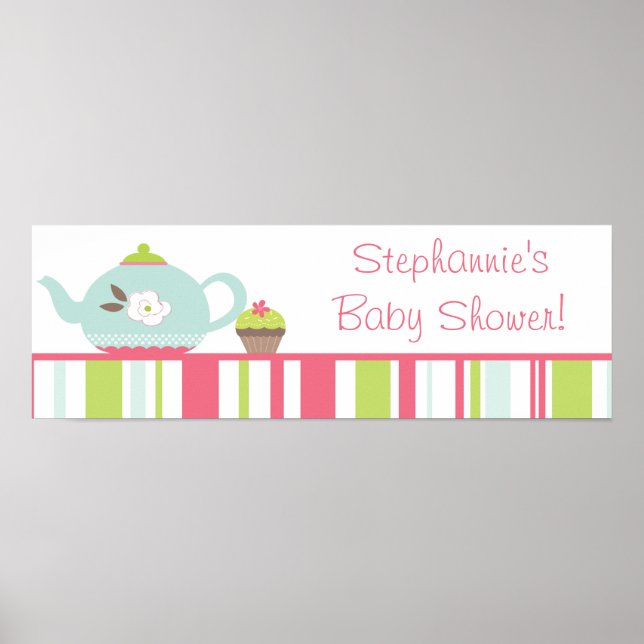22.5"x7.5" Personalised Banner Tea Party Pink Poster (Front)