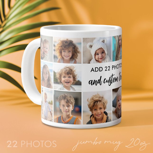 22 Photo Collage - Minimal Grid with Text Centre Large Coffee Mug (Add Your Favorite Photos to This Jumbo Photo Mug)