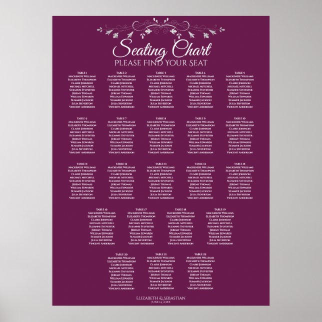 22 Table Chic Magenta Plum Wedding Seating Chart (Front)