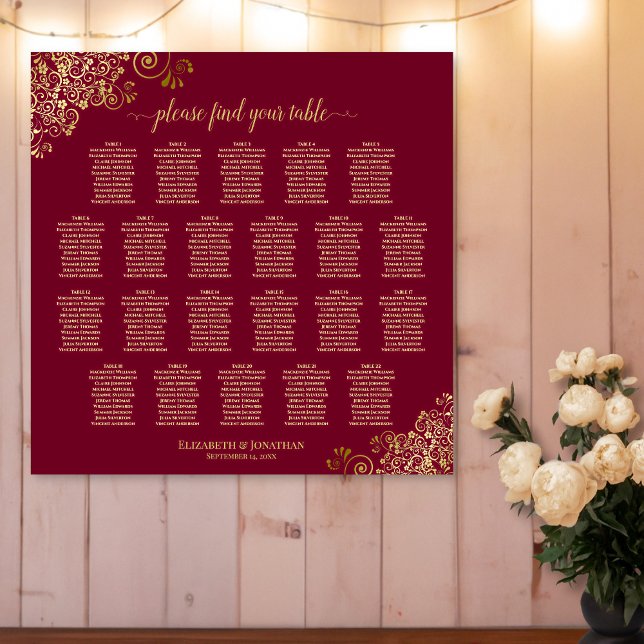 22 Table Elegant Burgundy and Gold Seating Chart (In Situ on Wall)