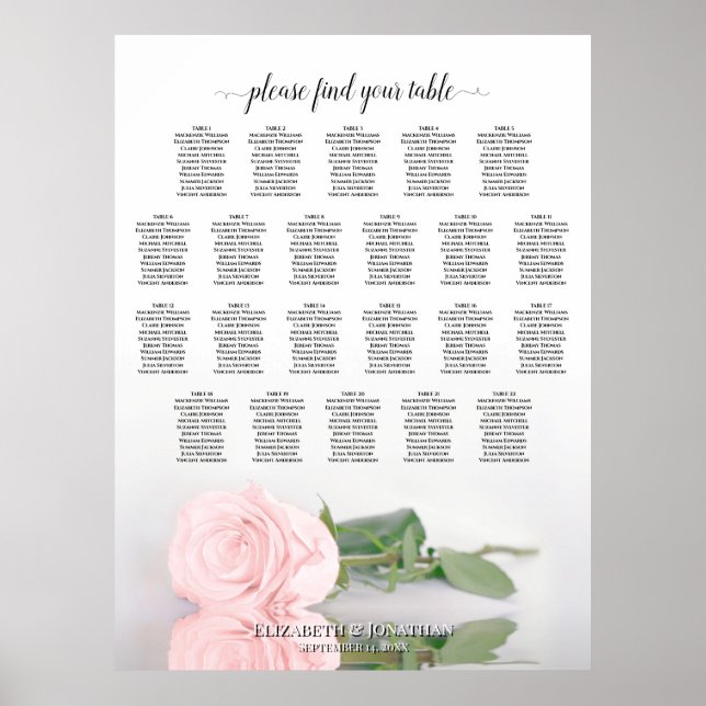22 Table Elegant Pink Rose Wedding Seating Chart (Front)