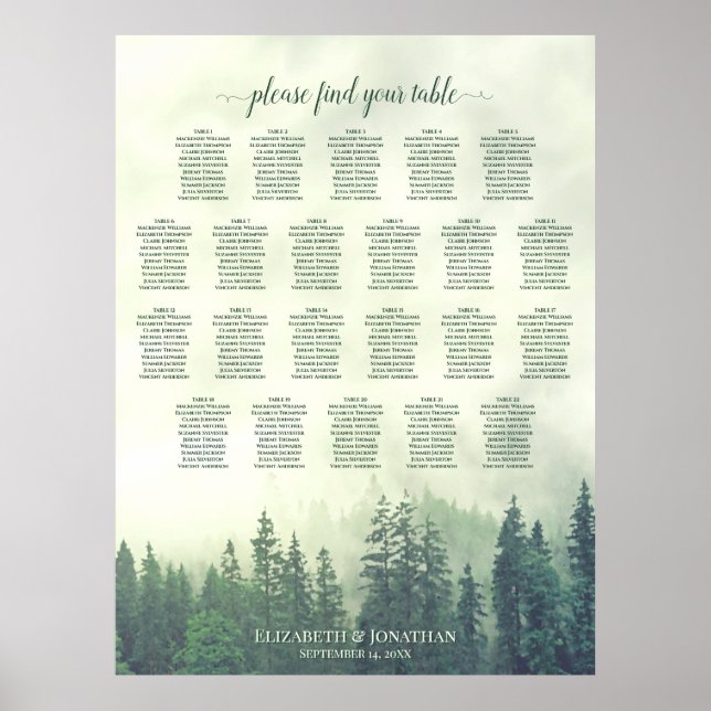 22 Table Green Pine Trees Wedding Seating Chart (Front)