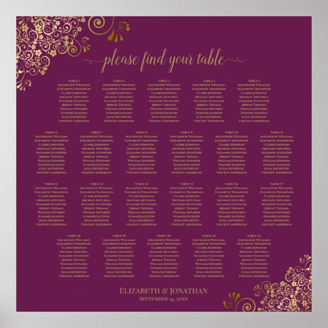 22 Table Lacy Gold on Cassis Wedding Seating Chart (Front)