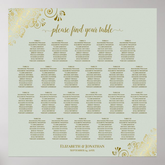 22 Table Lacy Gold on Sage Wedding Seating Chart (Front)